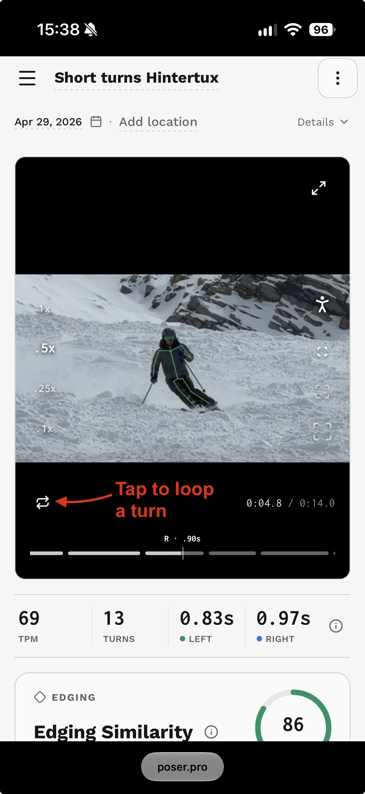 Phone clip details with an annotation pointing to the loop icon below the replay: Tap to loop a turn.