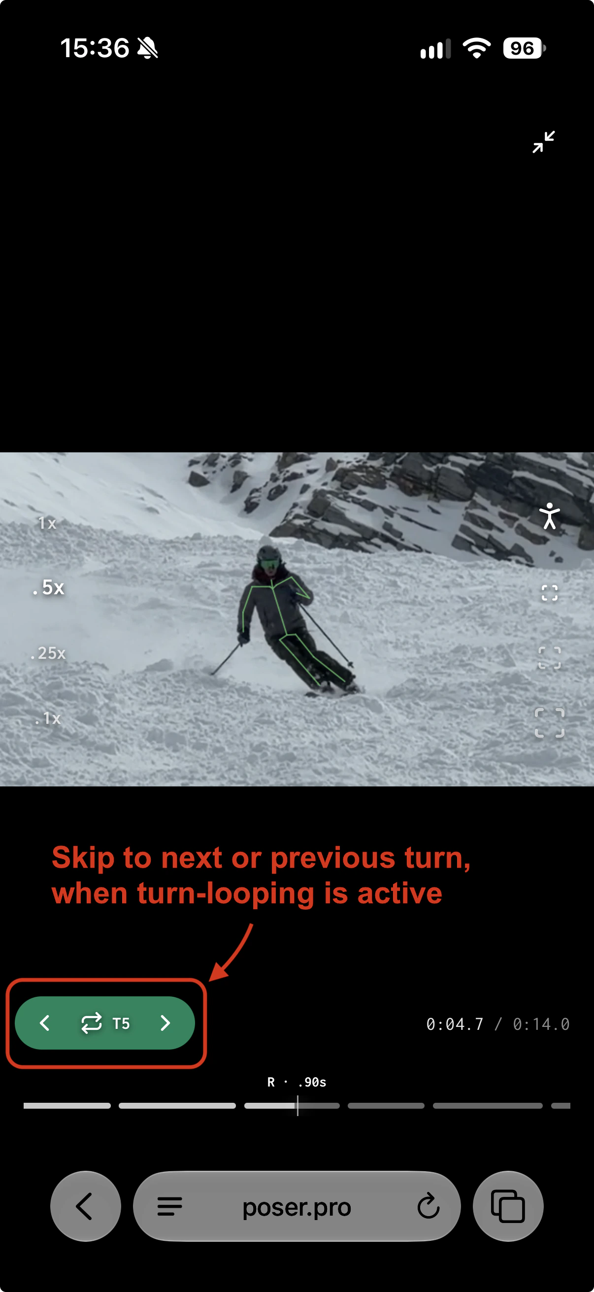 Fullscreen phone replay with an annotation highlighting the green active loop control and its previous and next turn arrows.