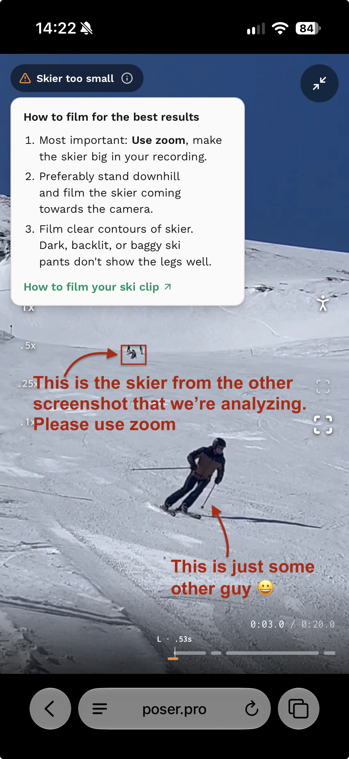 Full-frame replay on a phone with filming tips open and annotations identifying the distant skier being analyzed.