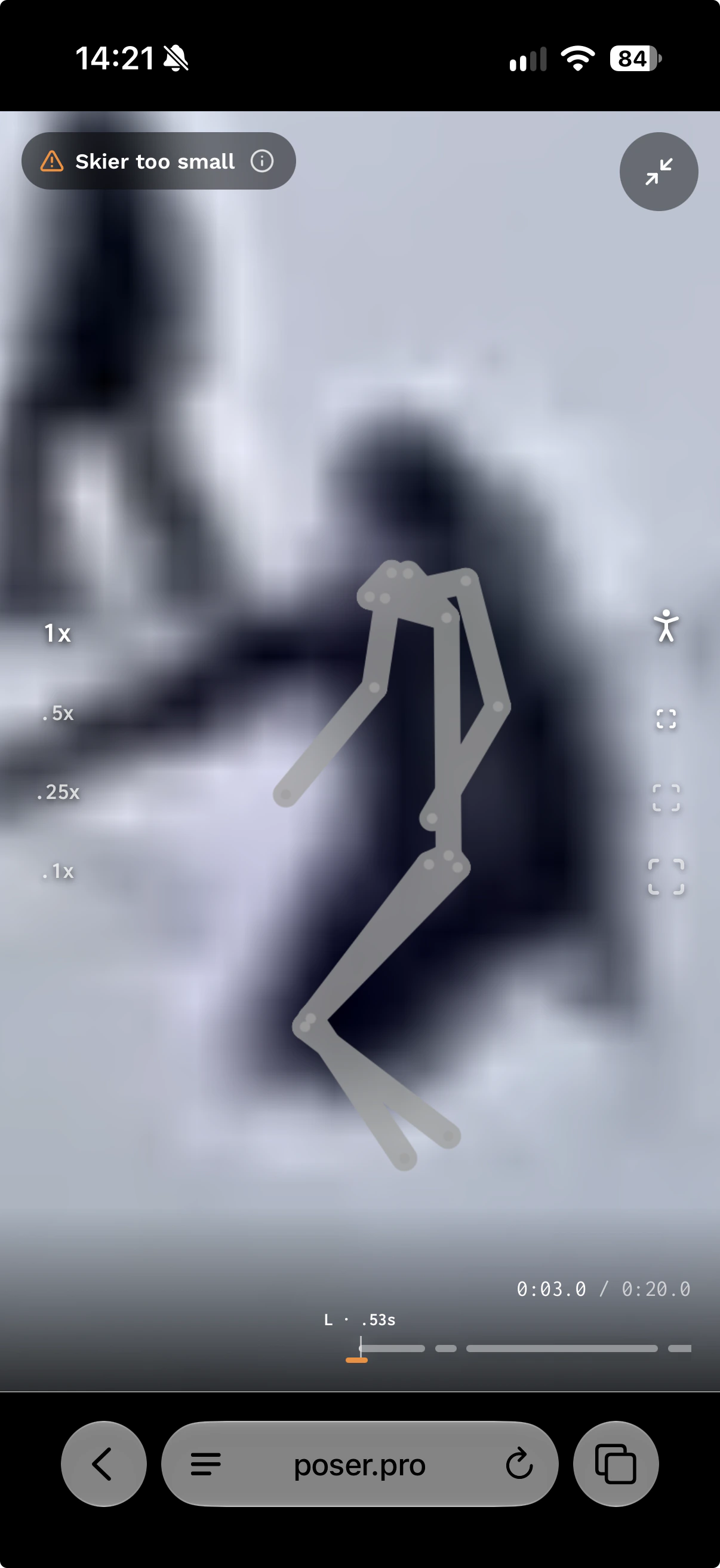 Head-tracked replay on a phone showing a gray skeleton, the Skier too small warning, and an orange timeline marker.
